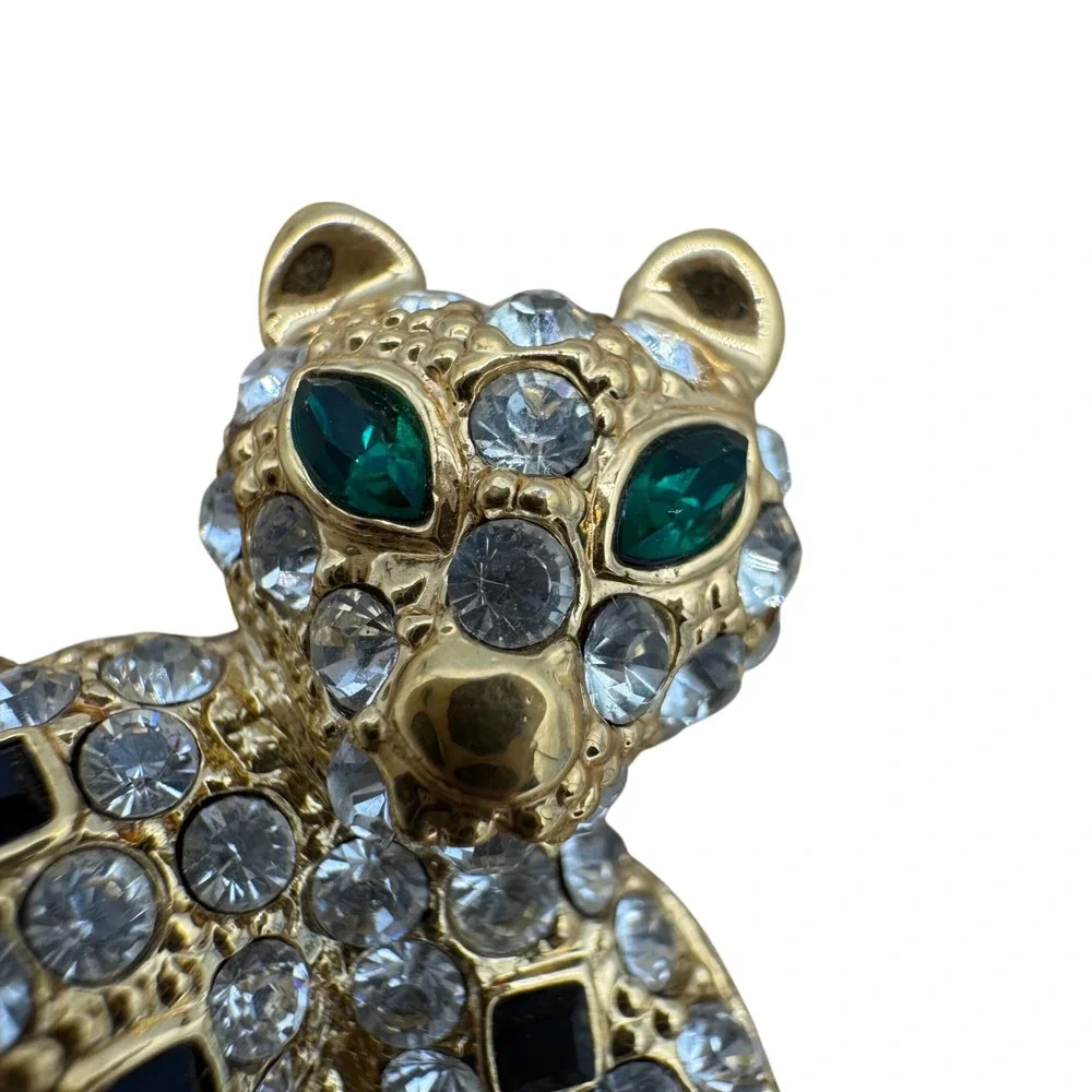 Vintage Rhinestone‎ Leopard Panther Brooch Gold Tone Pave Crystal Big Cat Pin